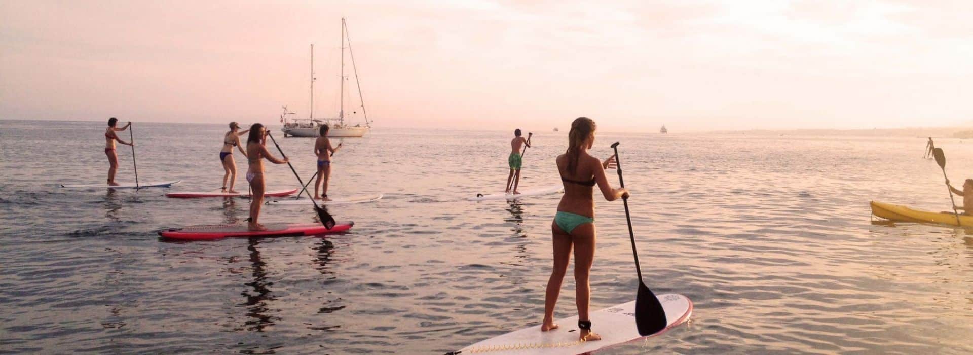 SUP tour, sunset, large group, boat